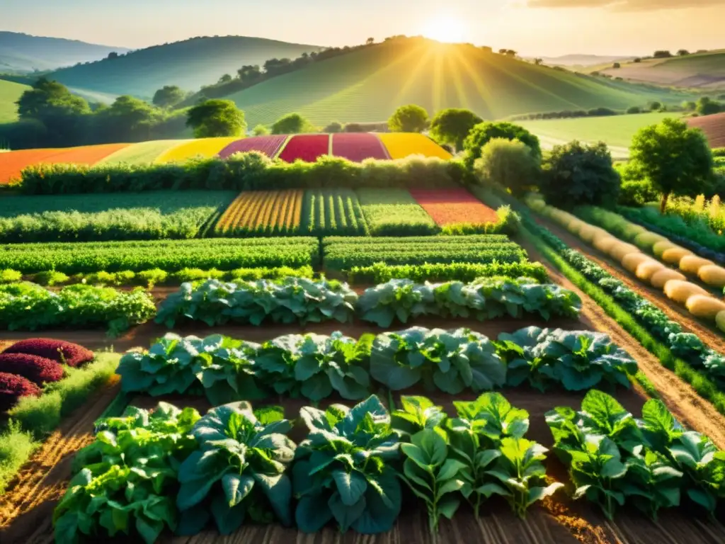 Vista de granja orgánica con cultivos coloridos bañados por el sol, resalta suplementos ecológicos nutrición natural