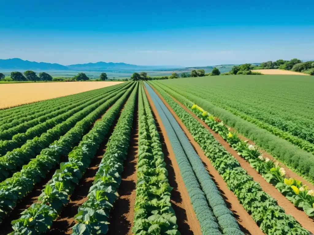 Vista de granja sostenible con prácticas agrícolas para ecosistemas, agricultores y biodiversidad en armonía bajo cielo azul