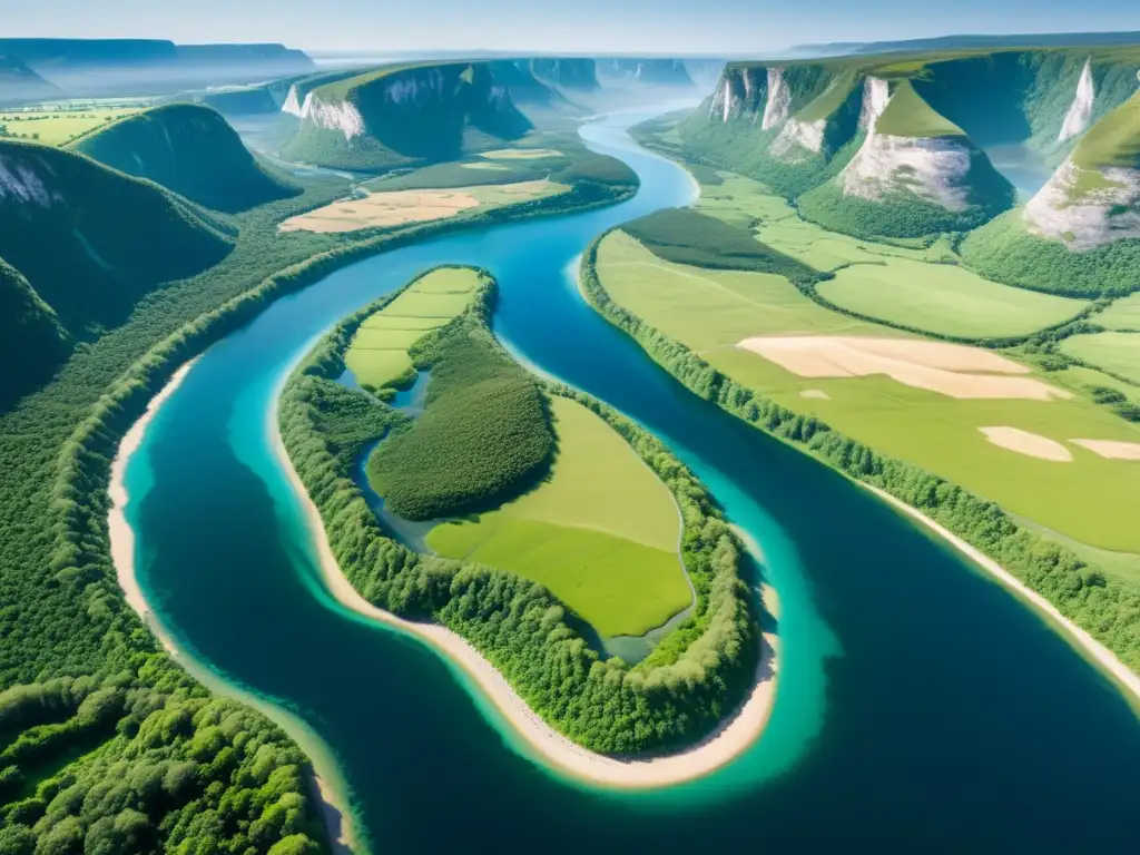 Vista impactante del poder de los ríos sobre la geografía, con un río serpenteante rodeado de exuberante vegetación y montañas al fondo