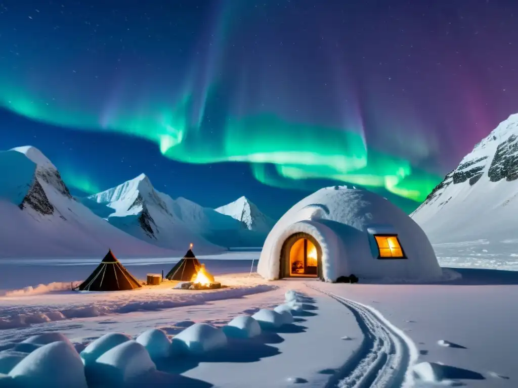 Vista impresionante de una aldea inuit tradicional en el Ártico, con auroras boreales y convivencia inuit ecosistema polar