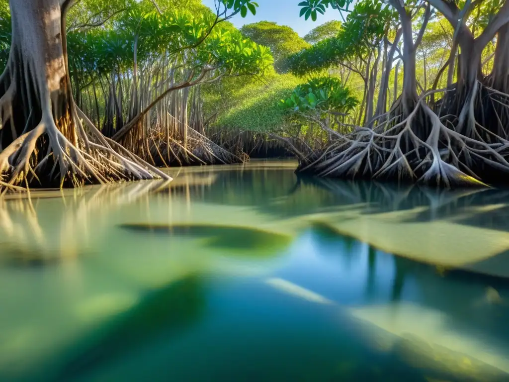 Vista impresionante de un bosque de manglares, destacando la compleja red de raíces sumergidas y la vulnerabilidad al aumento del nivel del mar