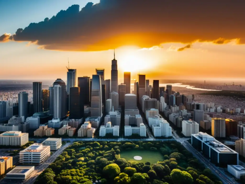 Vista impresionante de la ciudad con efectos de urbanización en el clima local, con ondas de calor visibles y un cálido resplandor dorado del sol