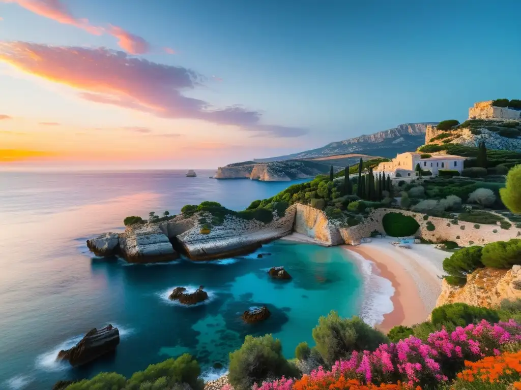 Vista impresionante de la costa mediterránea al atardecer, con colores vibrantes y especies endémicas en mitología mediterránea