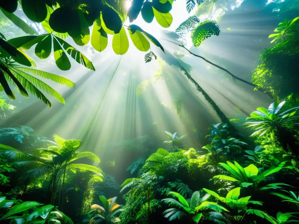 Vista impresionante del dosel de un exuberante bosque lluvioso, con follaje verde vibrante en todas direcciones