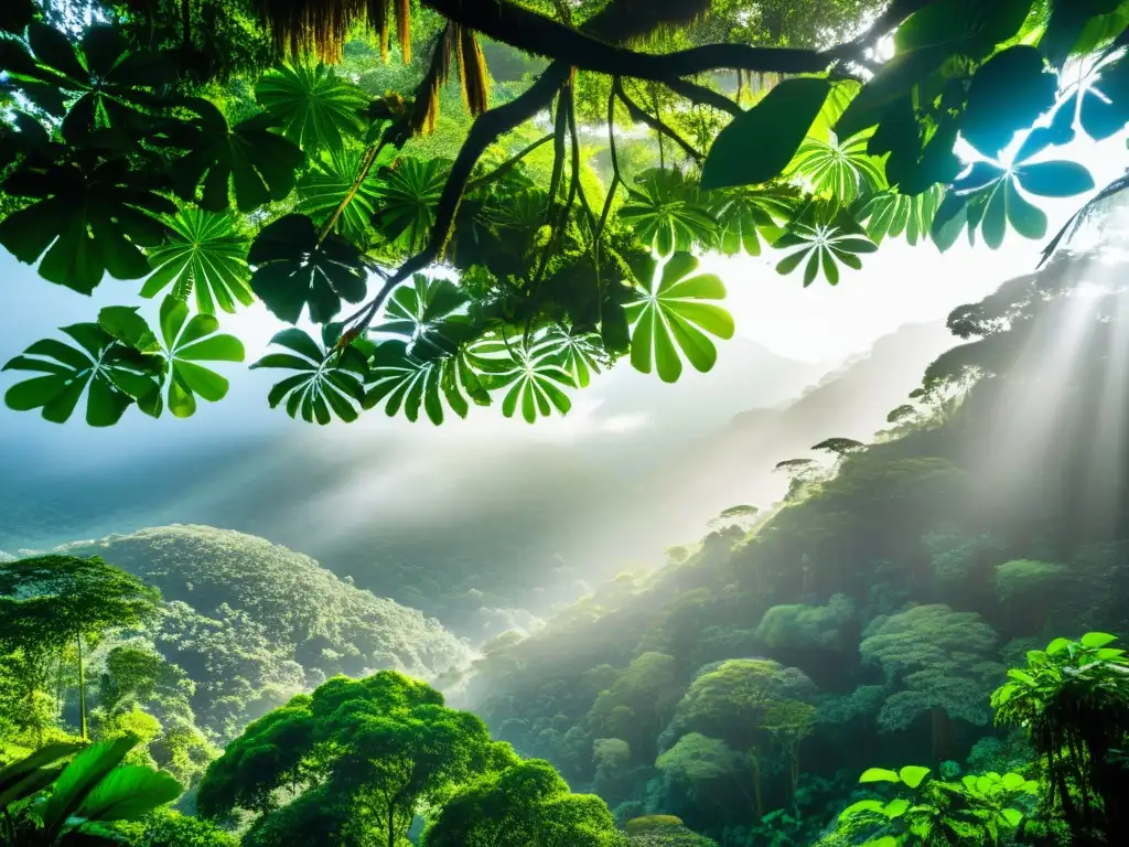 Vista impresionante del dosel del bosque lluvioso, resaltando la diversidad de flora y fauna