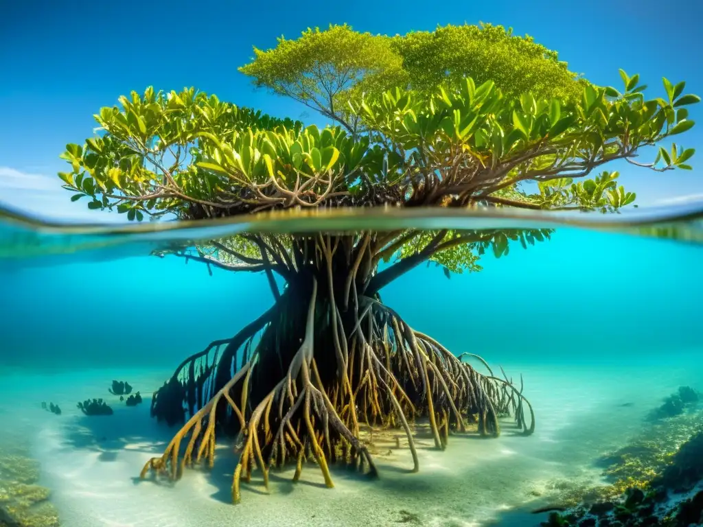 Vista impresionante de ecosistema costero con manglares exuberantes y vida marina diversa