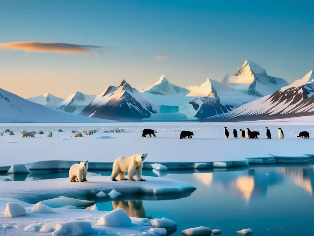 Vista impresionante del ecosistema polar del planeta: montañas nevadas, lago con osos polares, pingüinos y aurora boreal