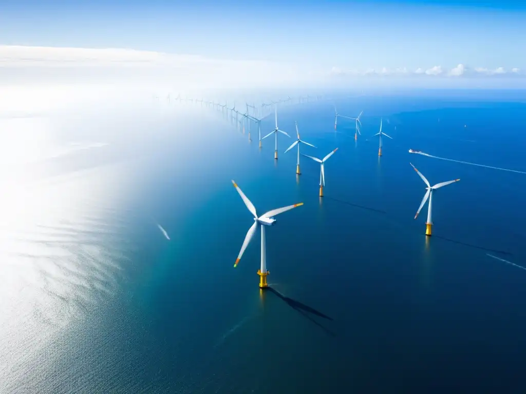 Vista impresionante de un enorme parque eólico marino, con turbinas gigantes emergiendo del océano