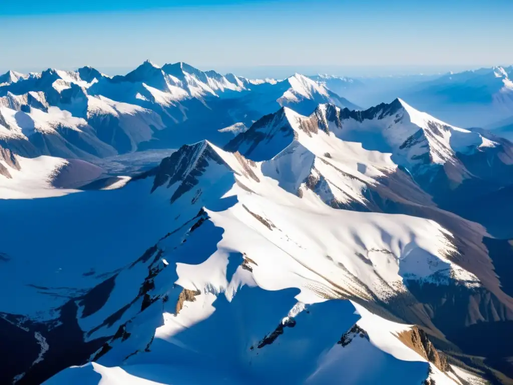 Vista impresionante de una extensa cordillera nevada, con picos helados y valles sombríos, contrastando con el cielo azul