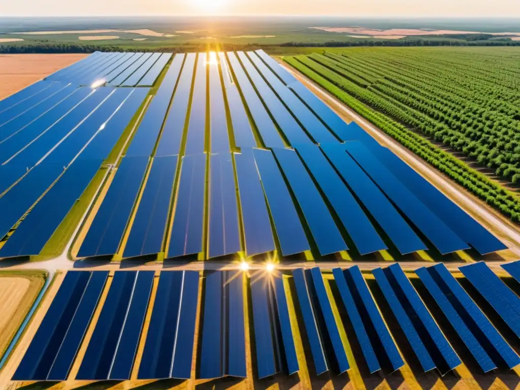 Vista impresionante de una extensa granja solar, con paneles relucientes bajo el sol