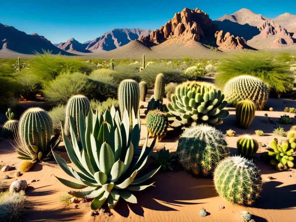 Vista impresionante de la flora del desierto árido, destacando cactus, suculentas y plantas adaptadas