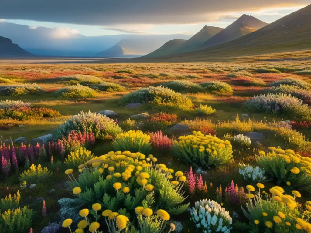 Vista impresionante de la flora medicinal de la tundra, con plantas nativas en su hábitat natural, iluminadas por la suave luz del sol entre las nubes