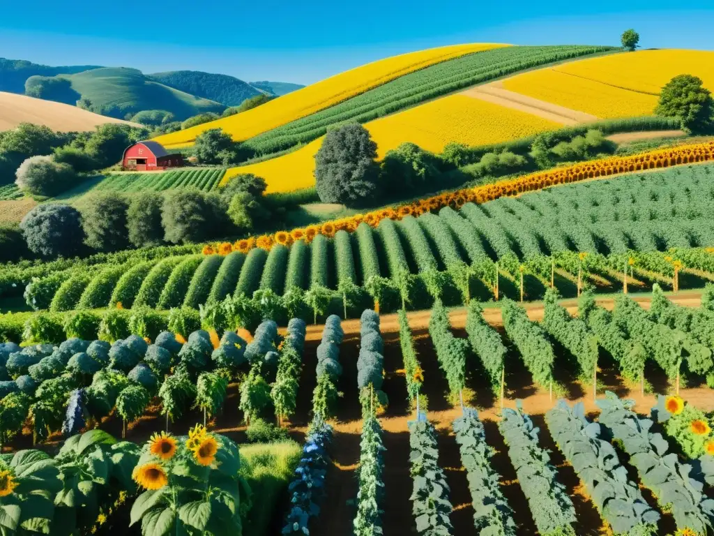 Vista impresionante de granja orgánica en armonía con la naturaleza, ilustrando la belleza y abundancia de la dieta orgánica sostenible en el planeta