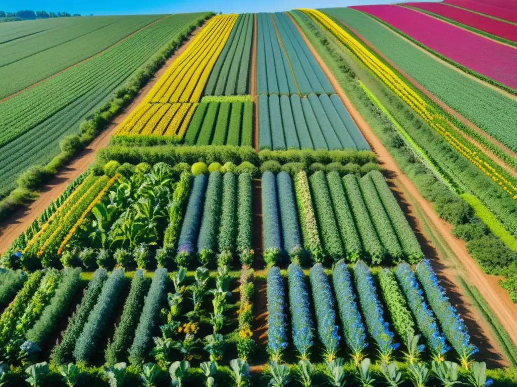 Vista impresionante de una granja orgánica, promoviendo el turismo ecológico en granjas orgánicas con sus cultivos coloridos y prácticas sostenibles