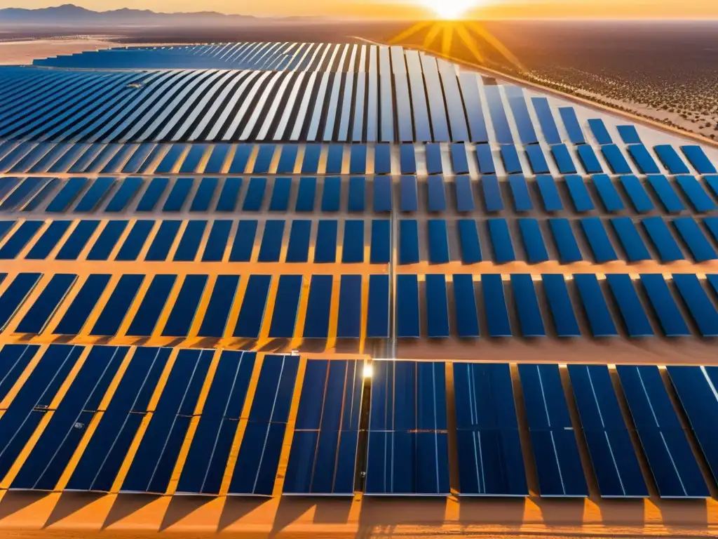 Vista impresionante de granja solar en desierto, con paneles brillantes capturando energía solar