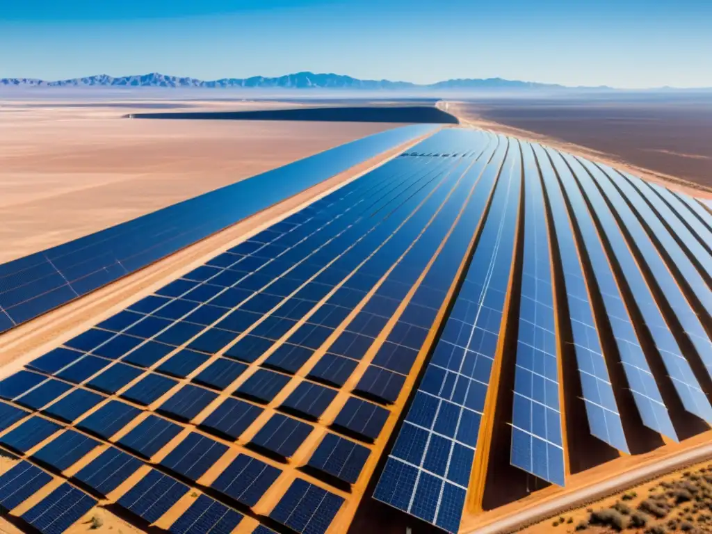 Vista impresionante de granja solar en desierto, con paneles y molinos eólicos