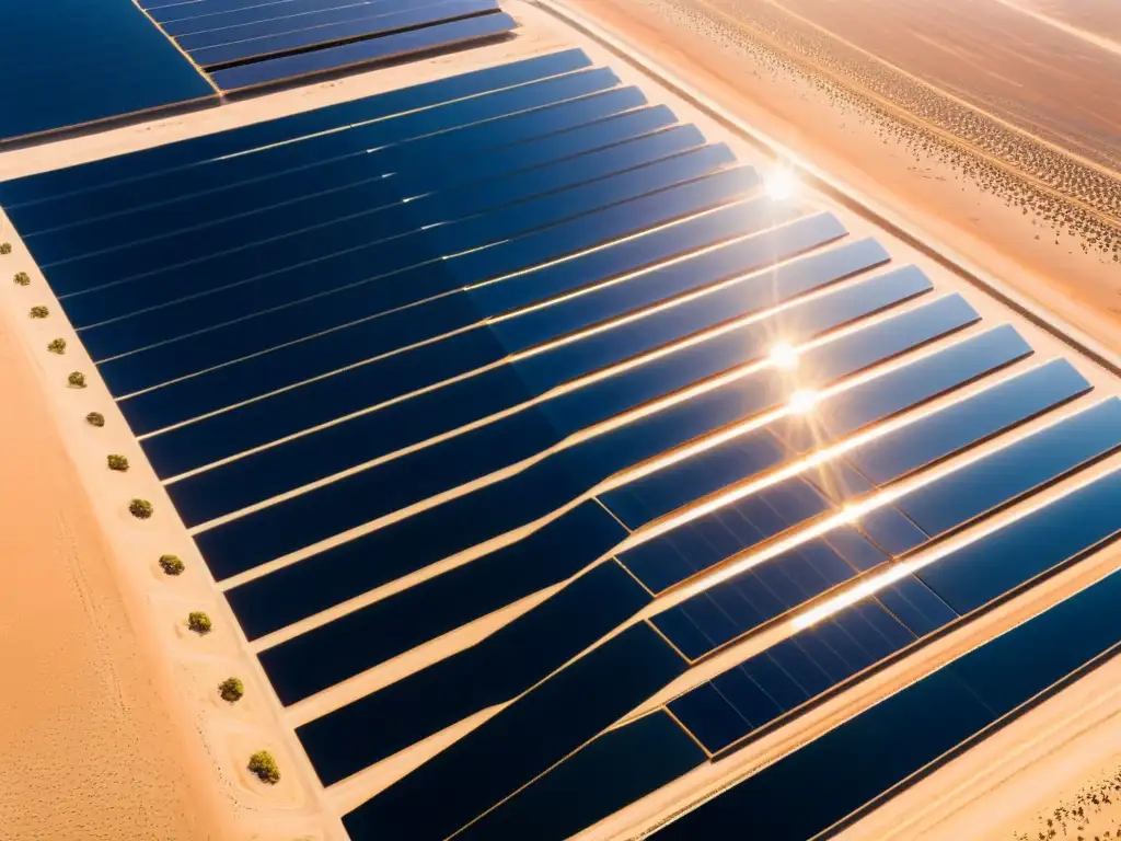 Vista impresionante de granja solar en el desierto, con paneles relucientes formando patrones geométricos