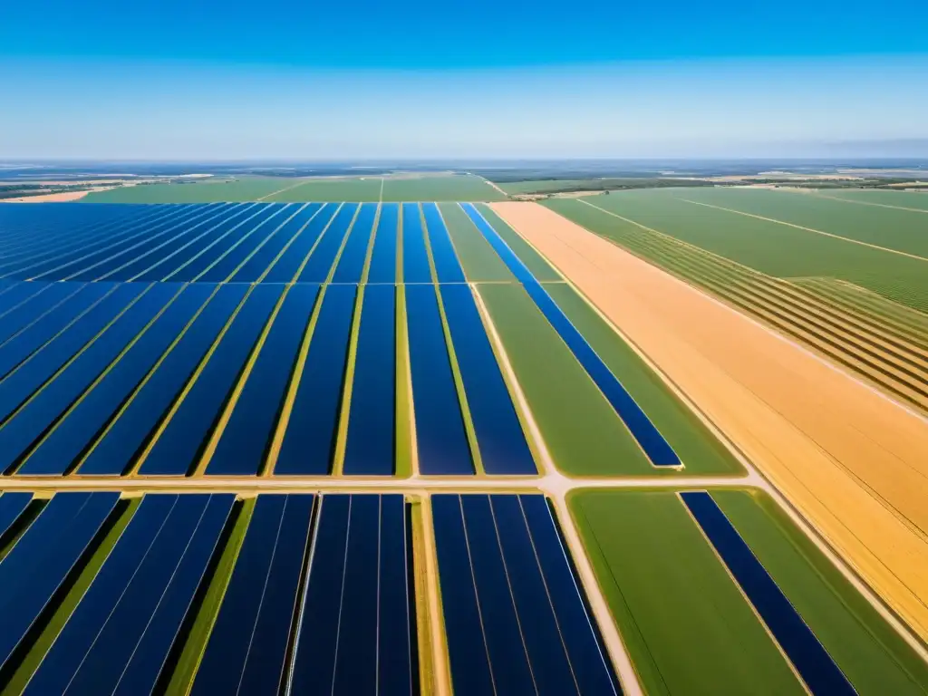 Granja solar: Innovación y sostenibilidad bajo el cielo azul Vista impresionante de una granja solar, con paneles brillantes bajo el cielo azul