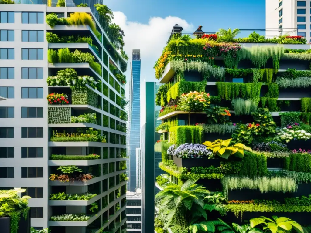 Vista impresionante de jardines verticales ecosistemas urbanos en medio de la jungla de concreto, creando una armonía única en la ciudad