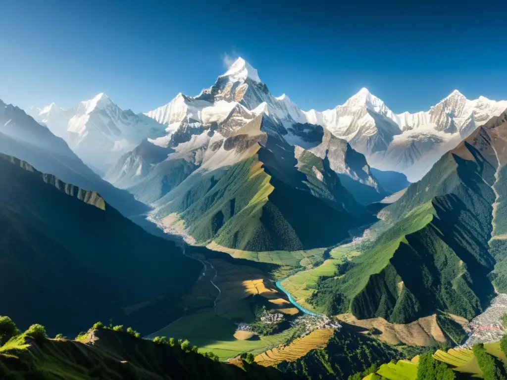 Vista impresionante de la majestuosa cordillera del Himalaya, con picos nevados y valles verdes