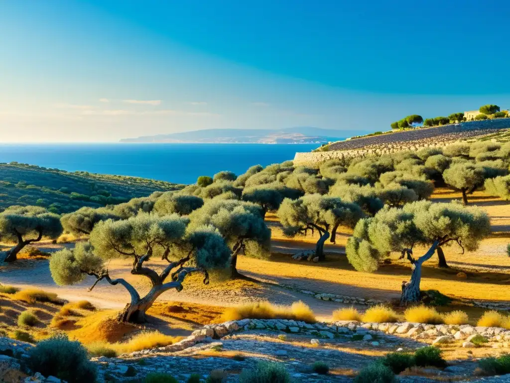 Vista impresionante de un olivar bañado por el sol en la costa mediterránea