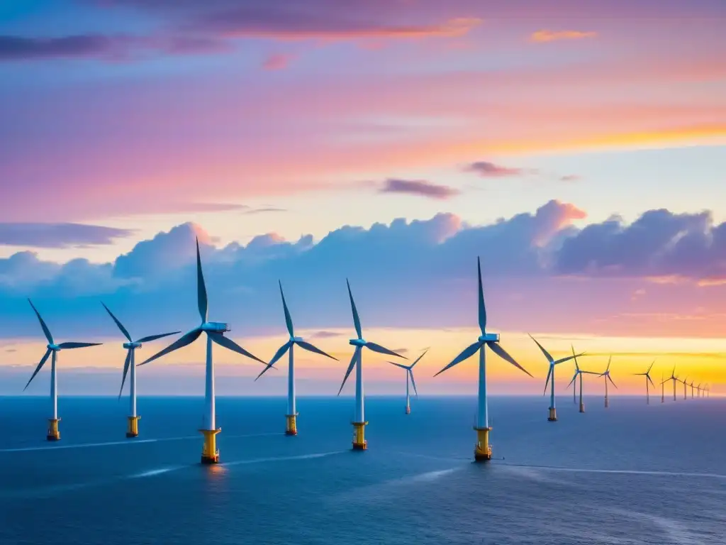 Vista impresionante de un parque eólico offshore con turbinas generando energía renovable, en un atardecer de colores sobre el mar