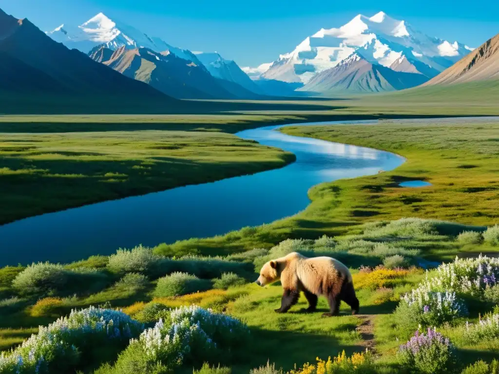 Vista impresionante del Parque Nacional Denali, vida salvaje Norteamérica, con osos grizzly y caribúes en su hábitat natural