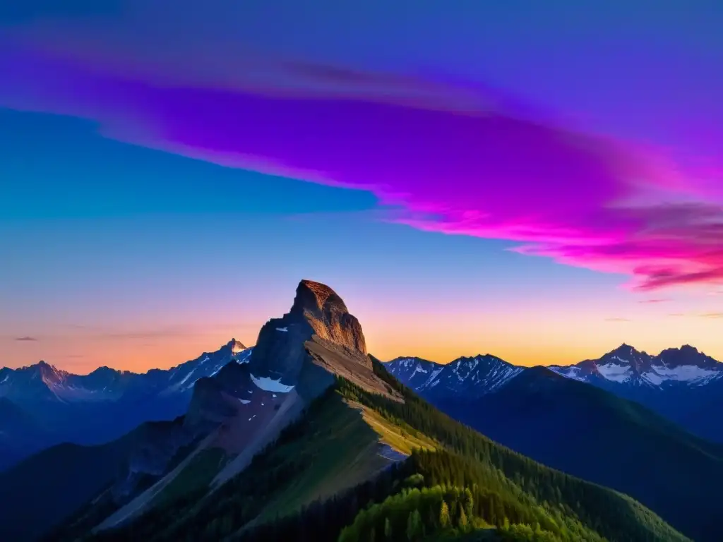 Vista impresionante de un pico de montaña al atardecer con un observatorio, destacando la importancia de los ecosistemas de montaña para la astronomía