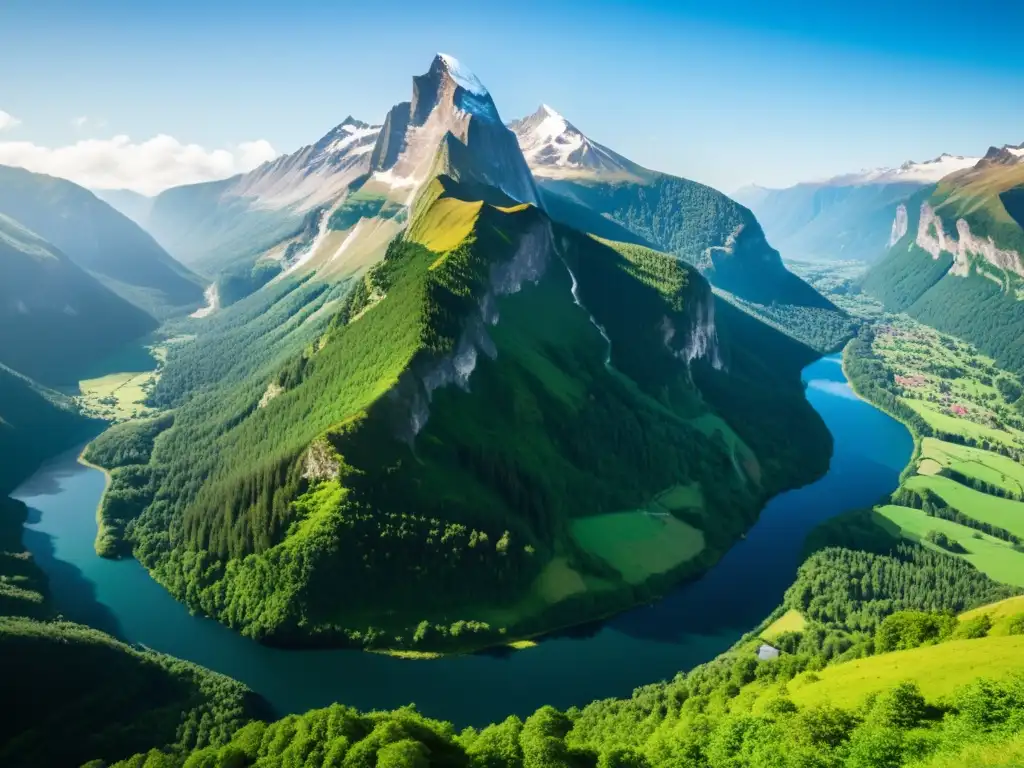 Vista impresionante de un pico montañoso rodeado de valles verdes, destacando la interacción ecosistemas montañosos y bajos