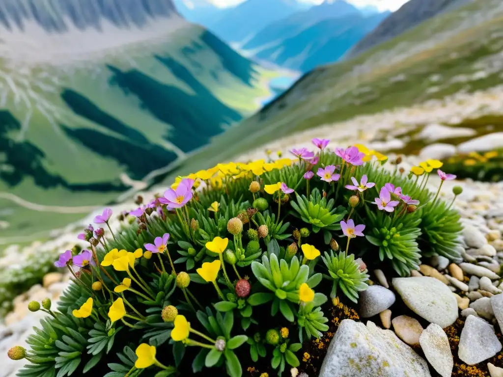 Vista impresionante de plantas alpinas en ecosistemas extremos, destacando su belleza y vitalidad en un paisaje montañoso