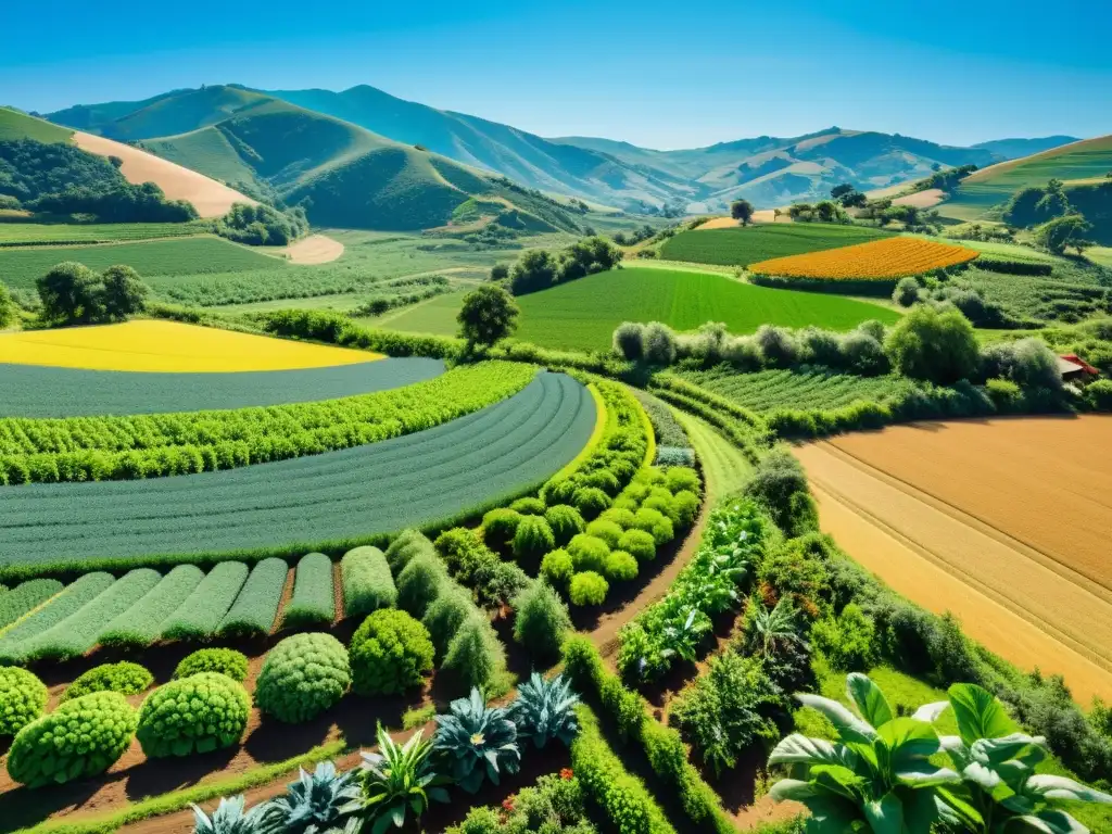 Vista impresionante de prácticas sostenibles en agroecología, con cultivos diversos en armonía y gran belleza natural