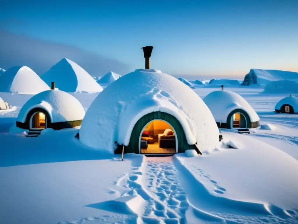 Vista impresionante de un pueblo inuit tradicional en la tundra, con actividades culturales y paisaje nevado