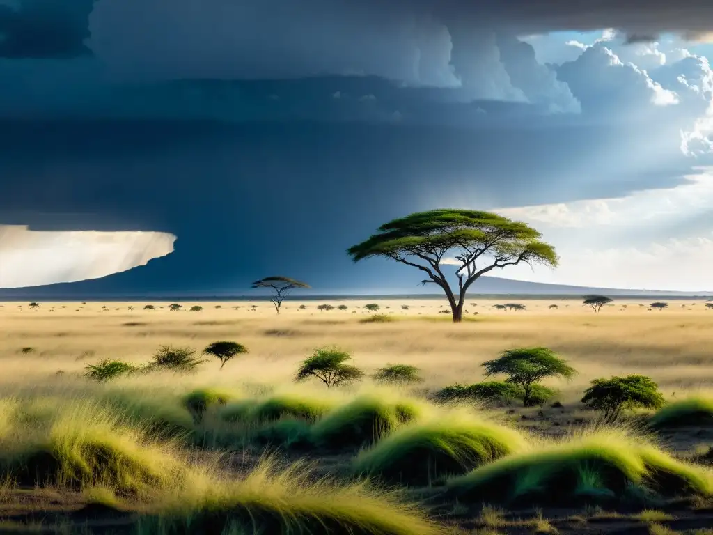 Vista impresionante de la sabana africana con patrones climáticos de las sabanas en un cielo dramático y paisaje vasto