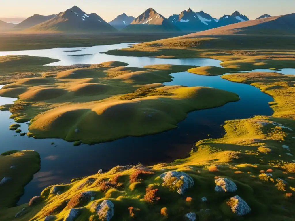 Vista impresionante de la tundra con caribúes pastando, río sereno y montañas nevadas