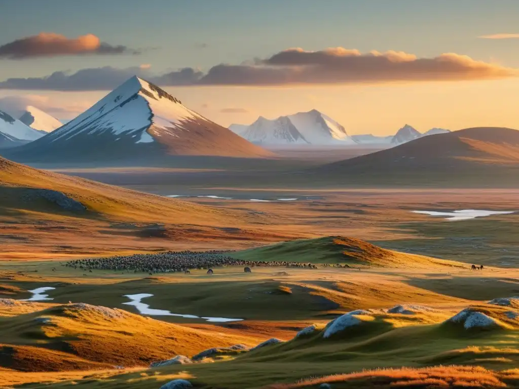 Una vista impresionante de la tundra con nómadas y sus renos, resaltando la importancia de la tundra para nómadas