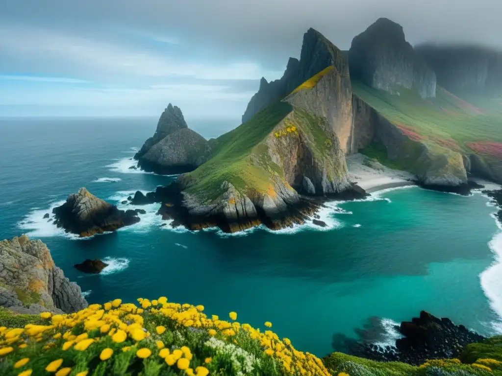 Vista impresionante de la adaptación de la vida en Islas Aleutianas: acantilados, olas y flora colorida en un entorno remoto y salvaje