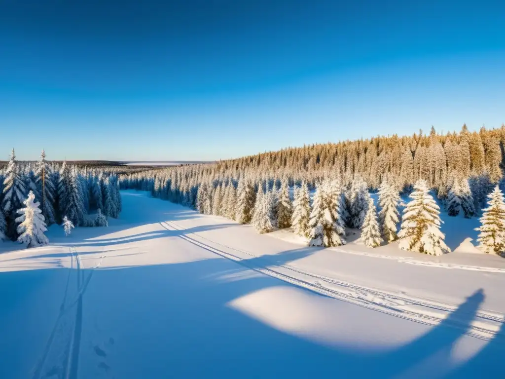 Vista invernal de la taiga nevada con renos y estrategias de vida en la Taiga fría