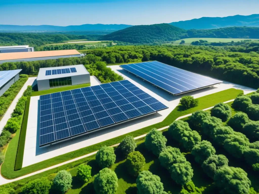 Vista de una moderna instalación industrial con paneles solares en el techo, integrando prácticas de energía sostenible