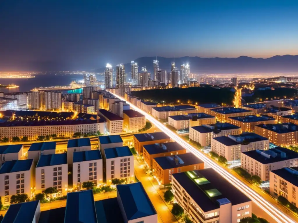 Vista nocturna animada de la ciudad con estrategias de iluminación ecológica, resaltando la belleza urbana sostenible