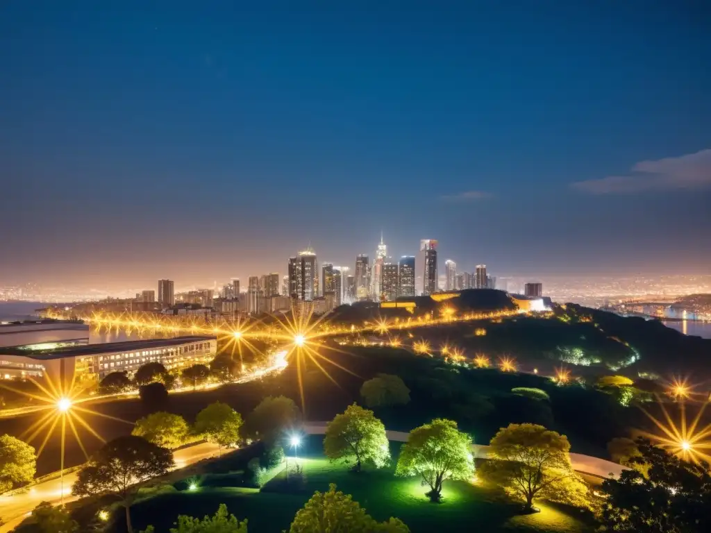 Vista nocturna de la ciudad con iluminación ecológica resaltando armonía y sostenibilidad