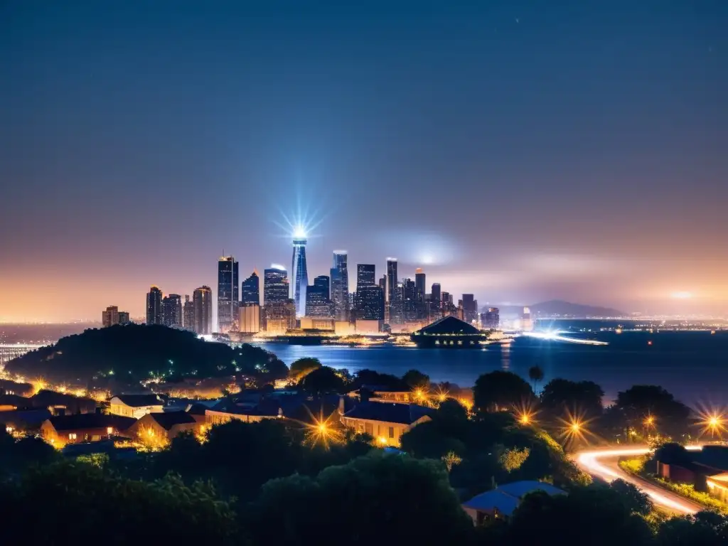 Vista nocturna de la ciudad con deslumbrantes luces que contrastan con la contaminación lumínica en ecosistemas nocturnos