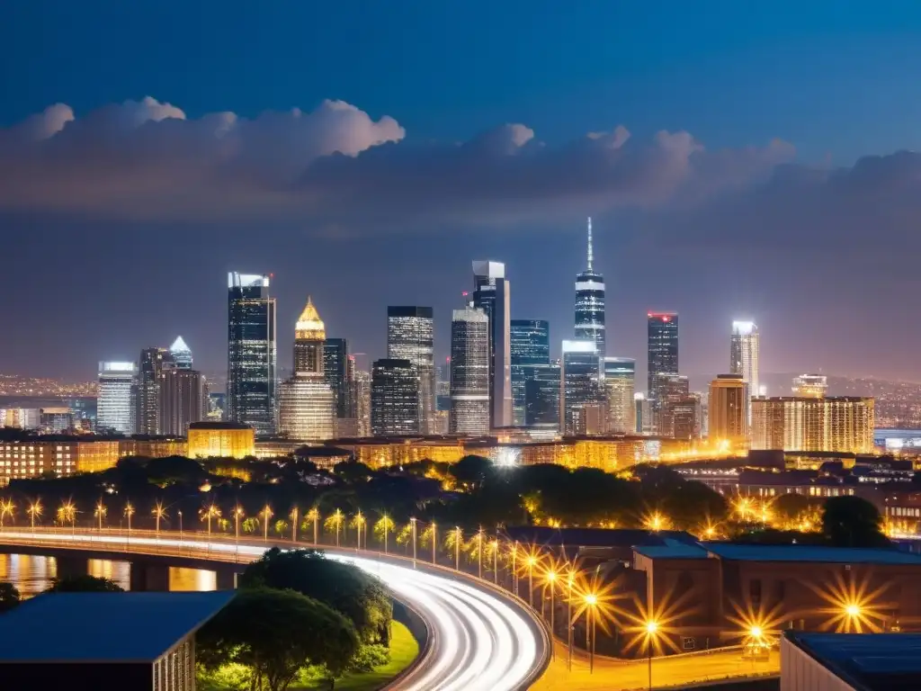 Vista nocturna de la ciudad con luces urbanas, resaltando la necesidad de estrategias iluminación ecológica ciudad