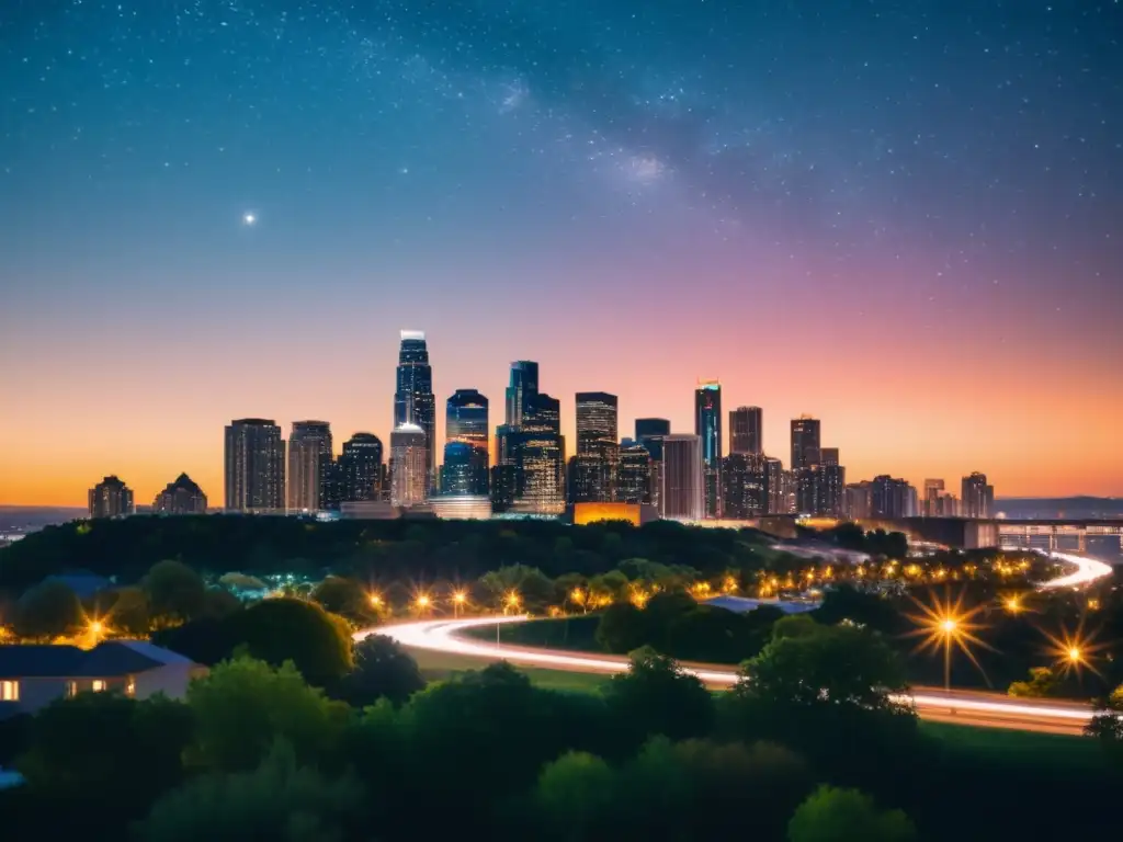 Vista nocturna de la ciudad con luces de colores