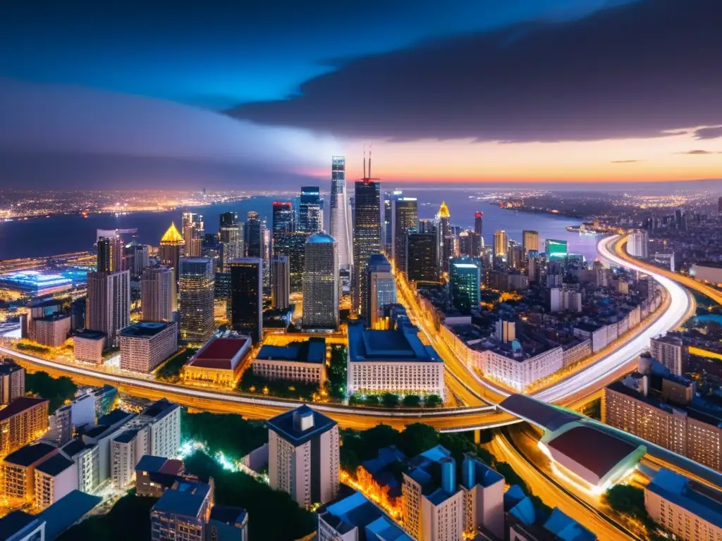 Vista nocturna de la ciudad con luces brillantes, mostrando la contaminación lumínica en los ecosistemas urbanos