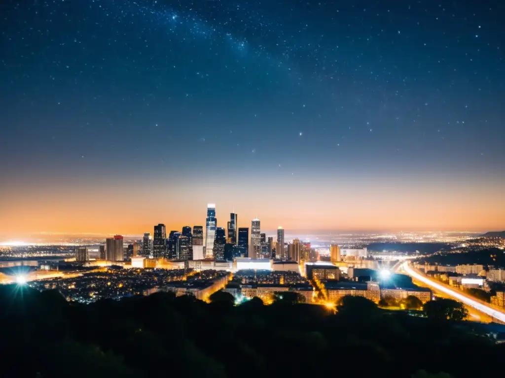 Vista nocturna de la ciudad con resplandecientes luces que iluminan el área urbana y contrastan con el cielo estrellado