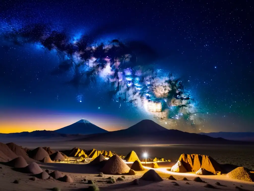 Vista nocturna del desierto de Atacama, con la Vía Láctea sobre formaciones rocosas