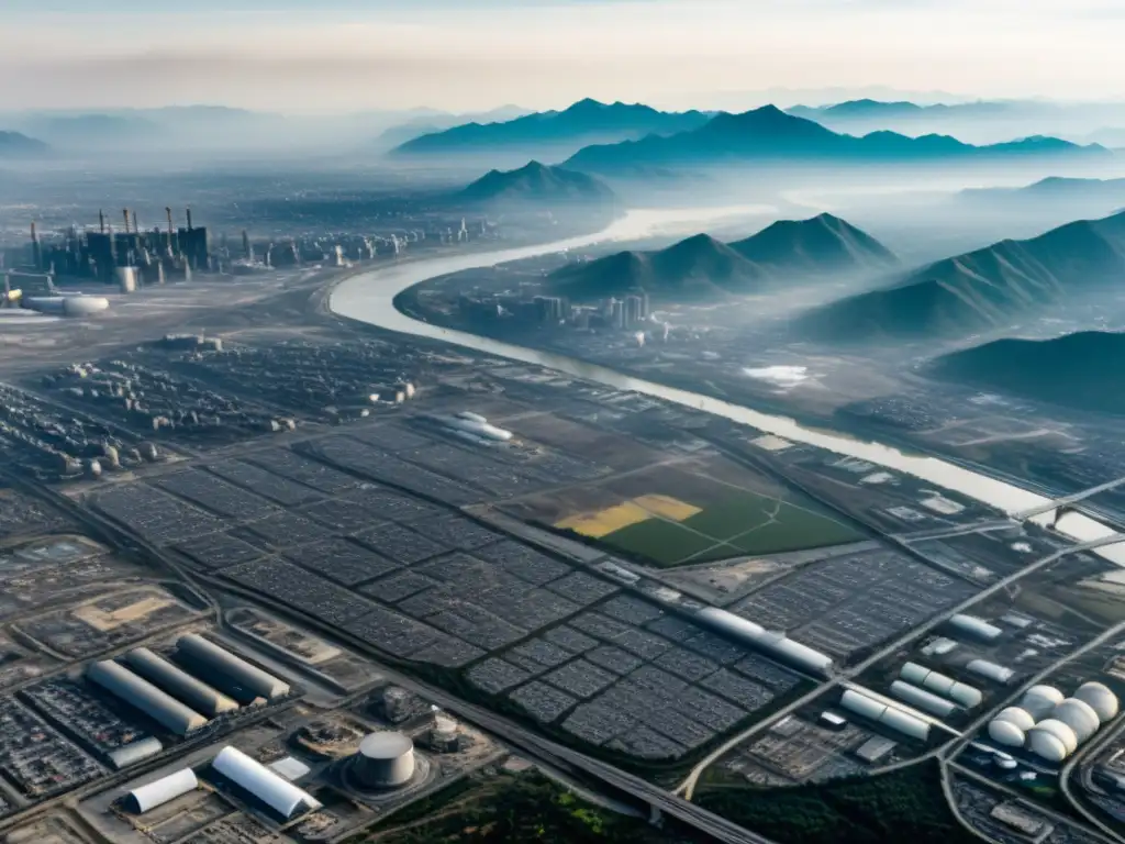 A vista de pájaro, una ciudad densa y contaminada rodeada de complejos industriales, ríos contaminados y montañas llenas de smog