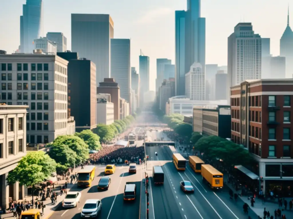 Vista panorámica de una bulliciosa calle de la ciudad, capturando la contaminación acústica en ecosistemas urbanos