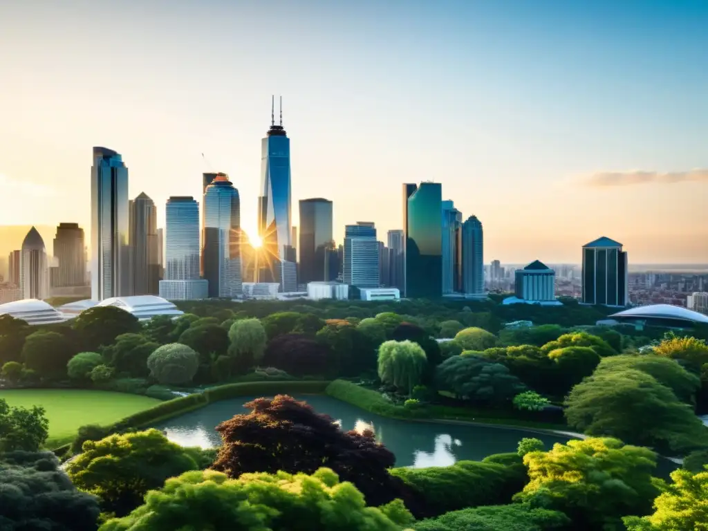 Vista panorámica de una bulliciosa ciudad con rascacielos modernos y naturaleza exuberante