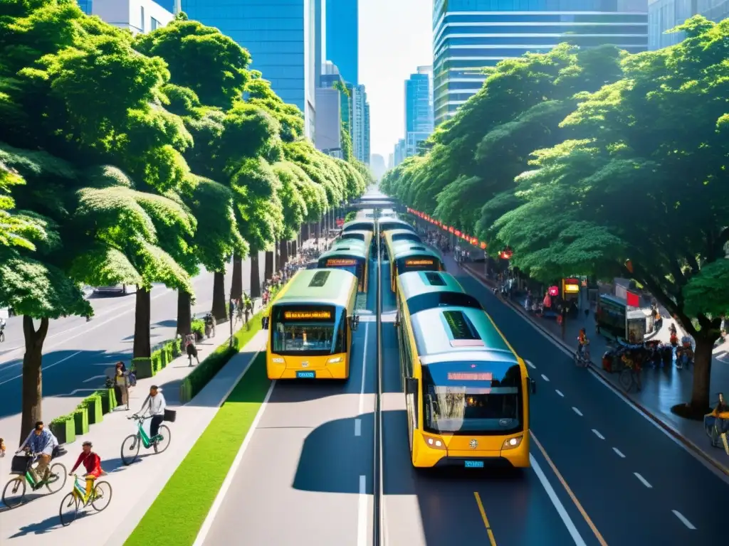 Vista panorámica de una calle de la ciudad con transporte público verde sostenible, bicicletas, árboles frondosos y peatones